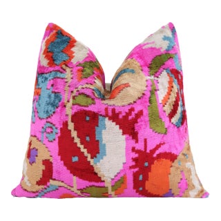 Canvello 20x20 Pink Floral Silk Velvet Pillow – Handmade Uzbek Pattern For Sale