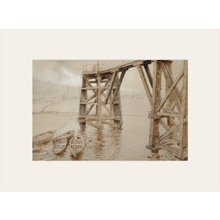 Early 1900's Antique French Mixed Media Drawing on Paper of Dock With Mat, by French Artist Edouard Pannetier For Sale