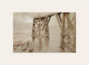 Early 1900's Antique French Mixed Media Drawing on Paper of Dock With Mat, by French Artist Edouard Pannetier