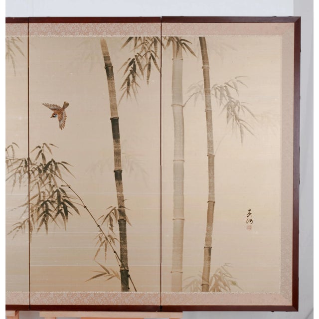 1950s Japanese Byobu "Birds Among the Bamboo" 4-Panel Folding Screen Very Good + For Sale In San Diego - Image 6 of 7