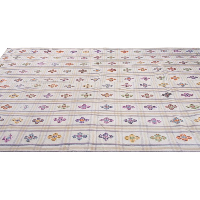 Traditional Embroidered Vintage Cotton Kilim Rug For Sale - Image 3 of 6