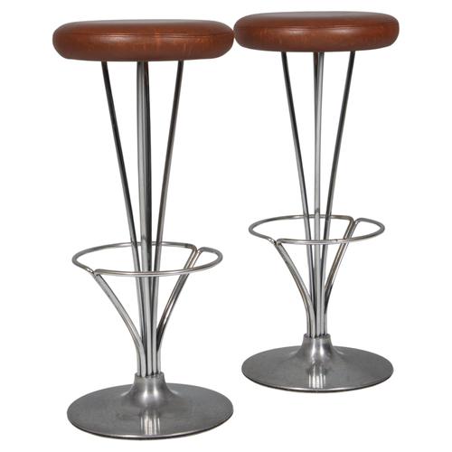 Brown Vintage Bar Stools in Leather by Piet Hein for Fritz Hansen, 1960s, Set of 2 For Sale - Image 8 of 8