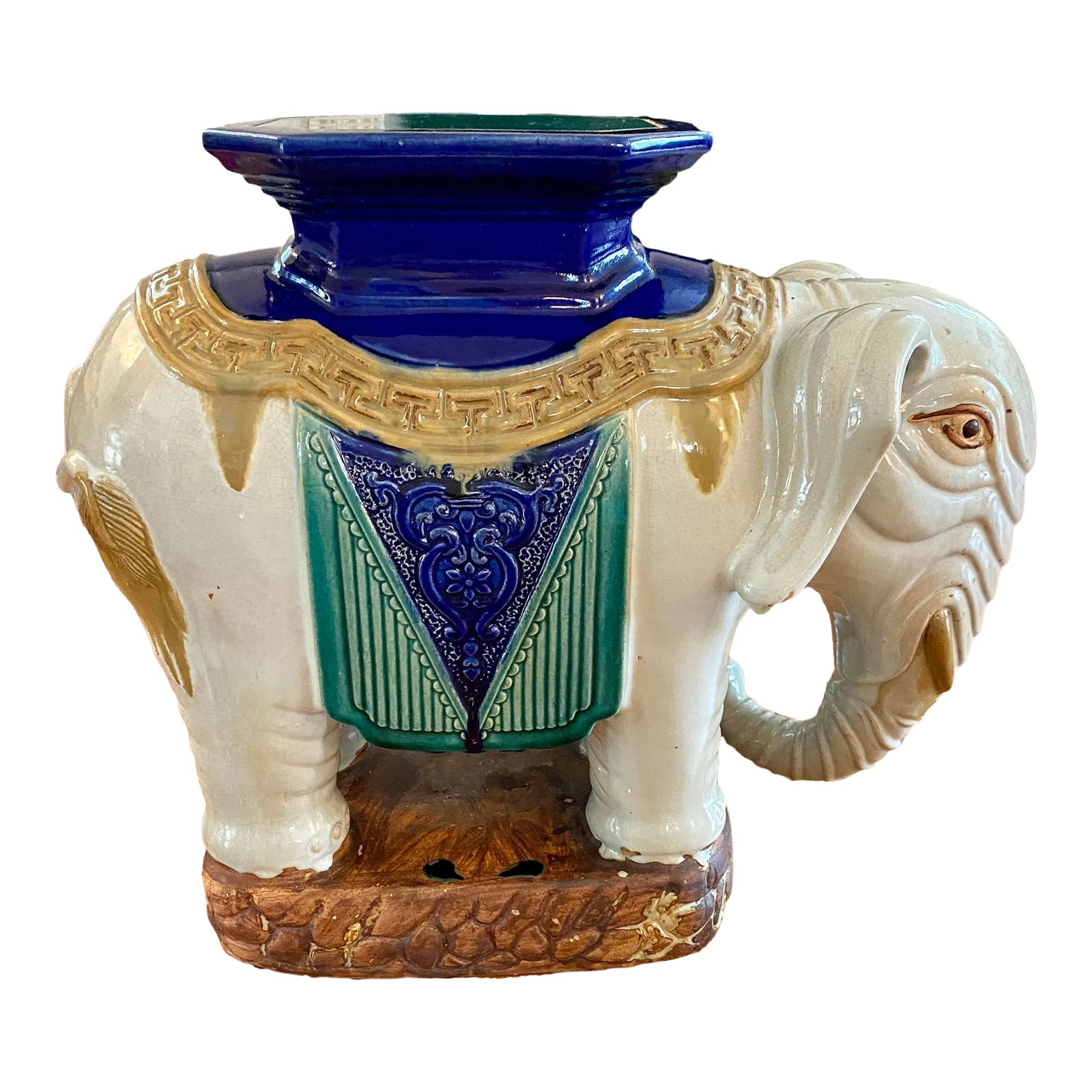 ★BLUE ELEPHANT★ GARDEN ivory Vintage Chinoiserie Blue & White Porcelain Elephant Side