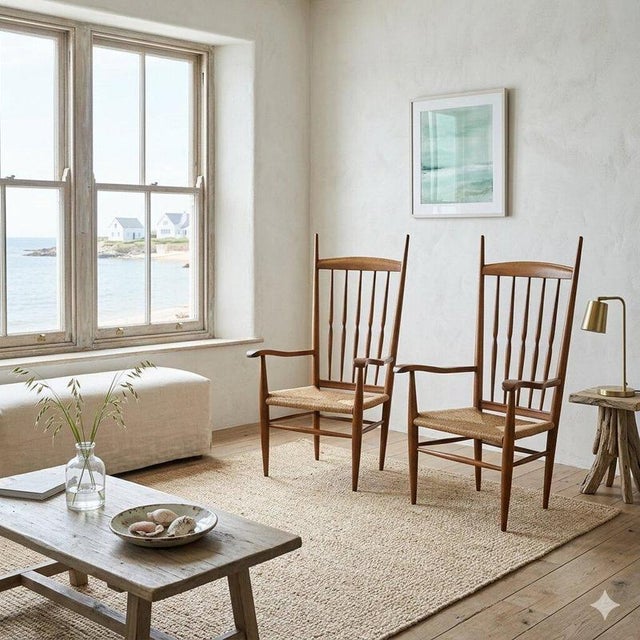 Thrones, beech wood, woven straw seat. This piece is attributed to the mentioned designer/maker. It has no attribution...