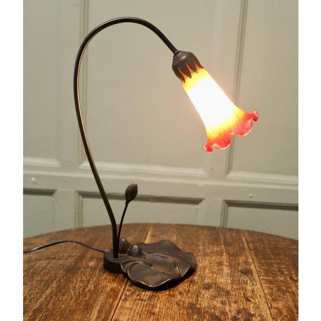1960s French Bronze Lilly Pad Table Lamp with Glass Shade, 1960 For Sale - Image 5 of 8