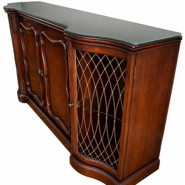 Wood Vintage French Provincial Cherry Wood Credenza Dry Bar | Louis XV Style Buffet Server With Mirrored Display Cabinets For Sale - Image 7 of 7