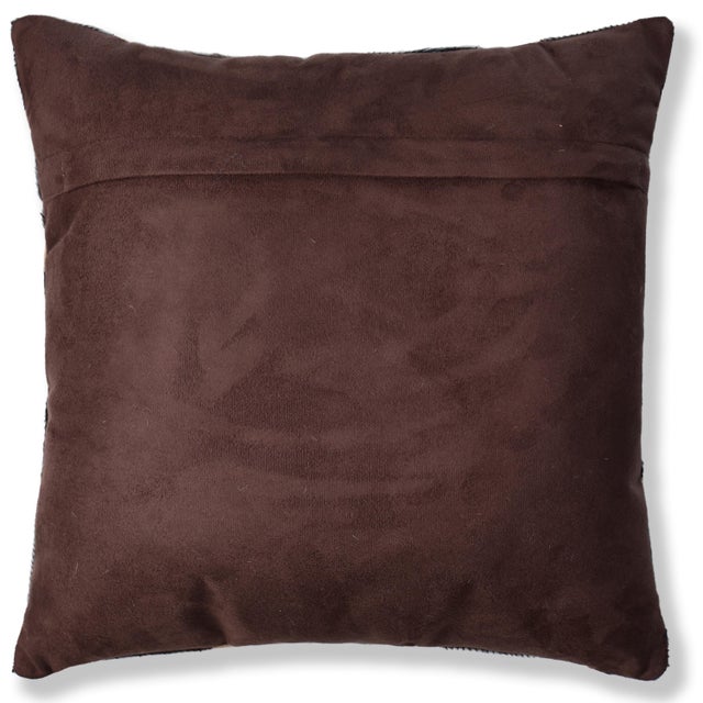 Textile Luxury Patchwork Genuine Hair-on Cowhide Pillow 18x18 | Handmade Designer Leather Cushion For Sale - Image 7 of 7