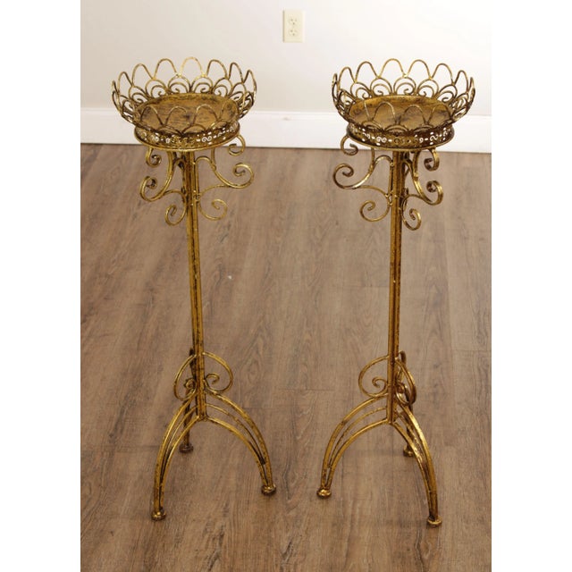 Hollywood Regency Hollywood Regency Gilt Metal Scroll Candle Stands - A Pair For Sale - Image 3 of 13