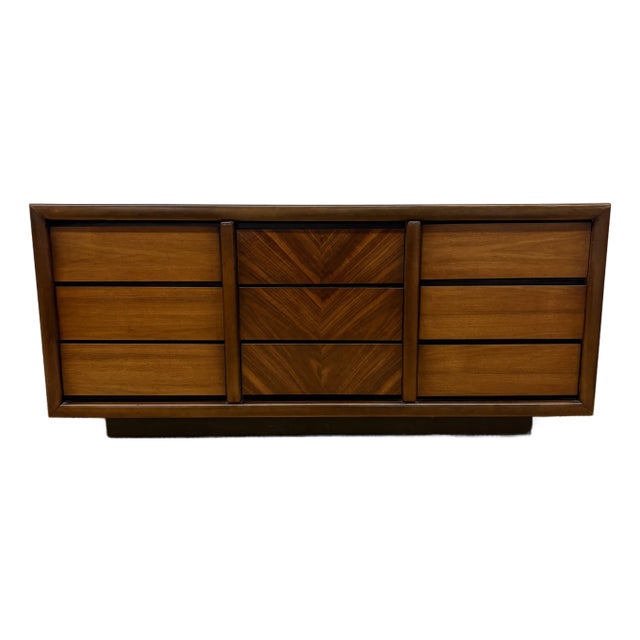 Mid-Century Modern Chevron Book-Matched Walnut Dresser by Lane Furniture Company, C. 1960s For Sale