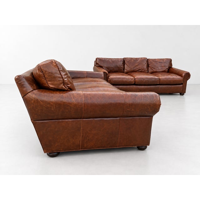 Brown Vintage Cognac Leather 3-Seater Sofas, Pair For Sale - Image 8 of 17