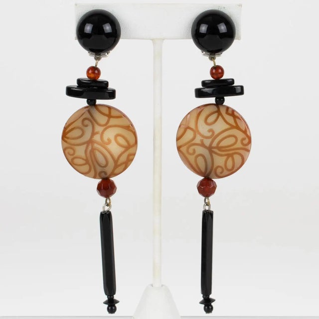 Contemporary Angela Caputi Honey and Black Dangle Resin Earrings Arabesque Design For Sale - Image 3 of 6