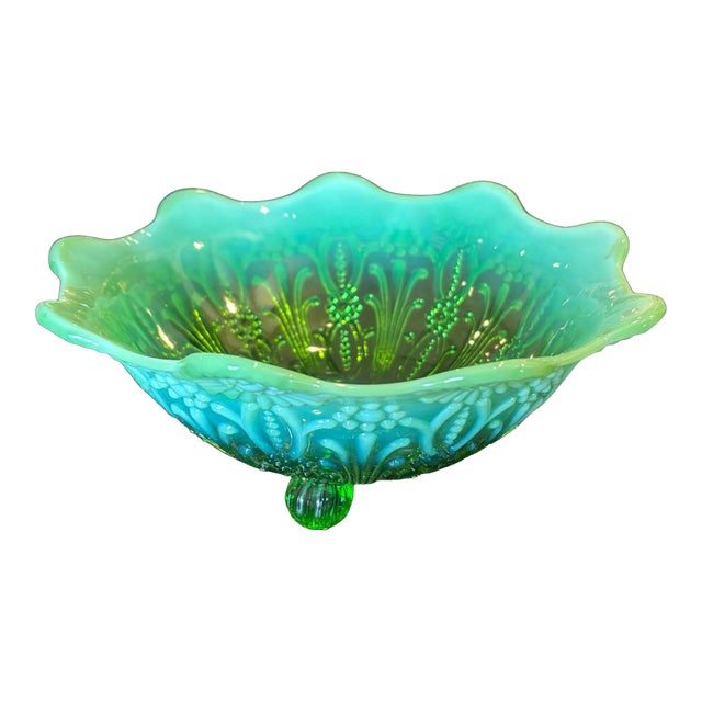 Vintage Northwood Pearl Flower Green Opalescent Bowl - Lightly Uv Reactive For Sale