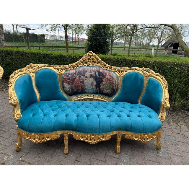 1900s French Louis XVI Blue Velvet / Green Beech Sofa Set 3pc For Sale - Image 9 of 16