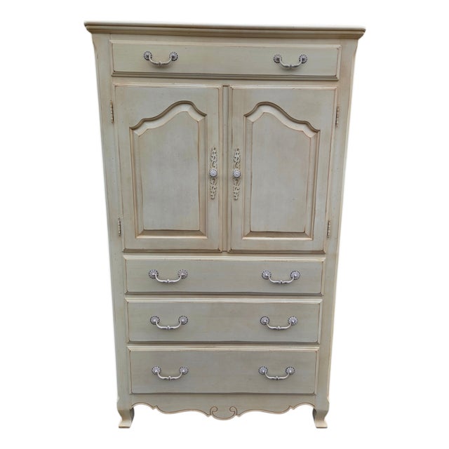 1990s Ethan Allen Country French Linen Chest Armoire Dresser Chifforobbe White Wood For Sale