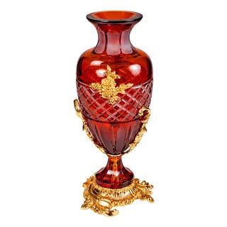 Italian Hand-Cut Amber Crystal Vase With 24k Gold-Plated Brass Ormolu For Sale