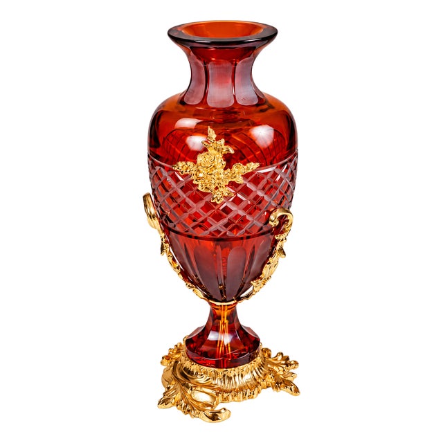 Italian Hand-Cut Amber Crystal Vase With 24k Gold-Plated Brass Ormolu For Sale