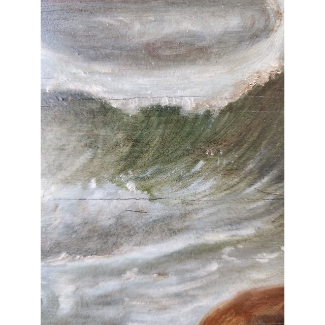 19th Century Dramatic Seascape Painting in Antique Arts & Crafts Pyrography Frame For Sale - Image 16 of 18