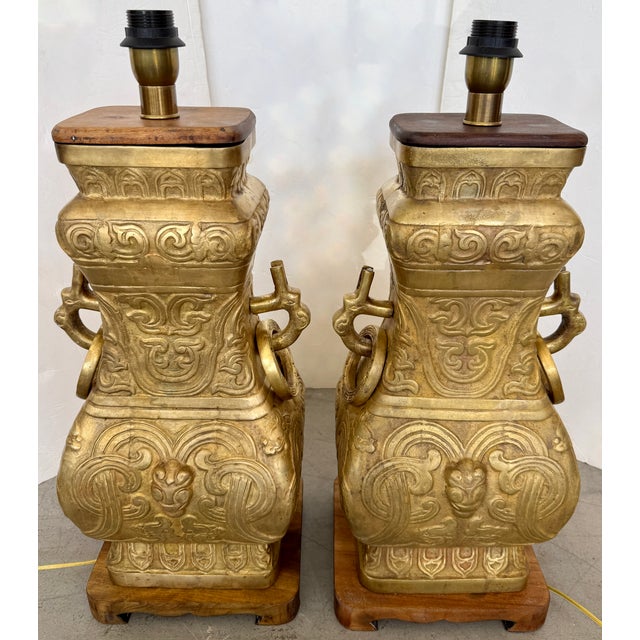 1940s James Mont Style Pair of Cast Brass Table Lamps For Sale - Image 10 of 11
