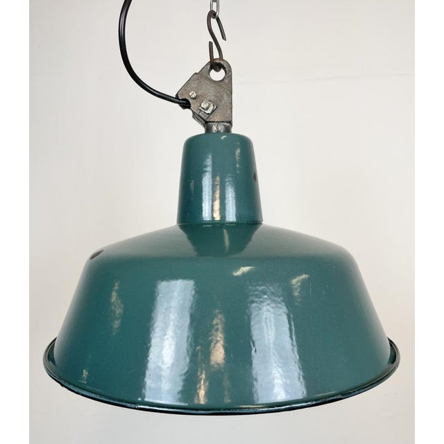 Industrial Green Enamel Factory Lamp with Cast Iron Top, 1960s For Sale - Image 15 of 15