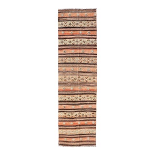 Vintage Turkish Kilim Runner With Stripes in Tan, Brown, and Orange For Sale