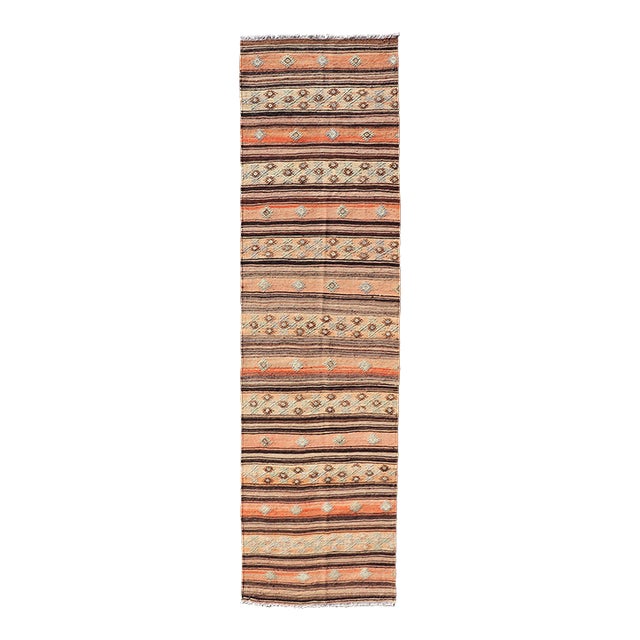 Vintage Turkish Kilim Runner With Stripes in Tan, Brown, and Orange For Sale