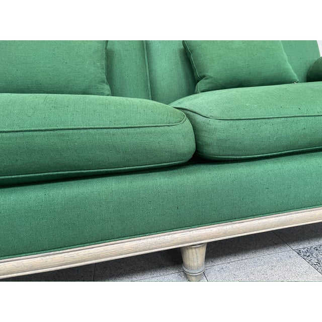 Custom Carved Oak & Green Linen Sofa by Steven Gambrel For Sale - Image 12 of 18