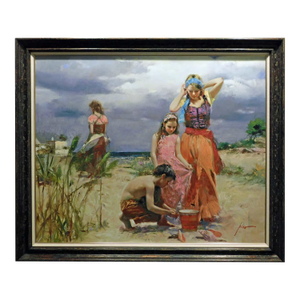 Pino "Gathering Seashells" on Canvas Hand Signed & Embellished W/ Custom Frame