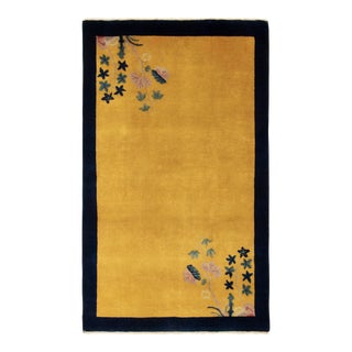 Vintage Chinese Deco Style Rug in Gold, Navy Border With Corner Floral Patterns For Sale