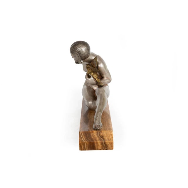 Art Deco French Art Deco Silvered Bronze Sculpture “Woman W/ Bird” by Armand Godard For Sale - Image 3 of 13