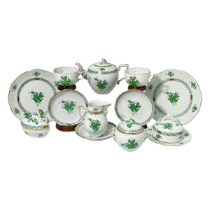 Green Porcelain Chinese Bouquet Apponyi Tea Set from Herend Hungary, Set of 10
