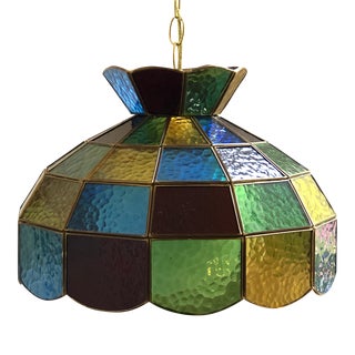 Mid-20th Century Multicolored Stained Glass Swag Pendant Light For Sale