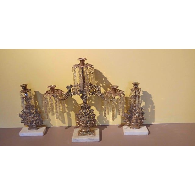Antique Solid Brass & Marble Girandole Candelabras - Set of 3 For Sale - Image 13 of 13
