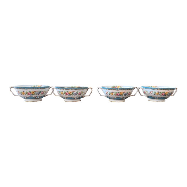 Vintage Crown Staffordshire Lyric Tunis Blue Bouillon Fine Bone China Cups - Set of 4 For Sale
