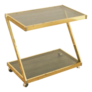 1970s Modernist Brass & Smoked Glass Z-Form Two Tier Bar Cart