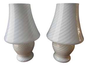 White Murano Glass Swirl Mushroom Table Lamps , 1960s, Set of 2