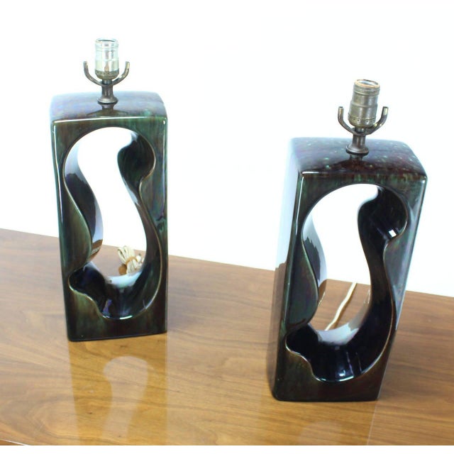 Pierced Cube Shape Glazed to High Gloss Pottery Table Lamps MINT! For Sale - Image 6 of 7