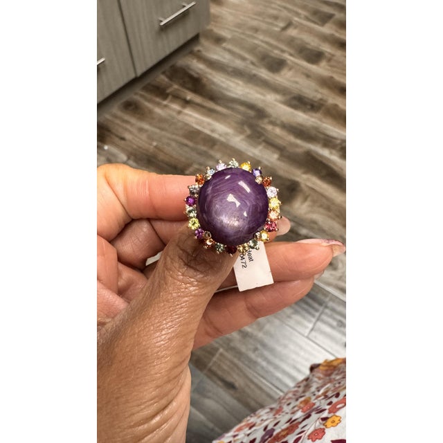 Gia Certified Star Ruby Sapphire Gold Cocktail Ring, Roshe Jewels, 37.55 Carats, Size 7 For Sale - Image 11 of 13