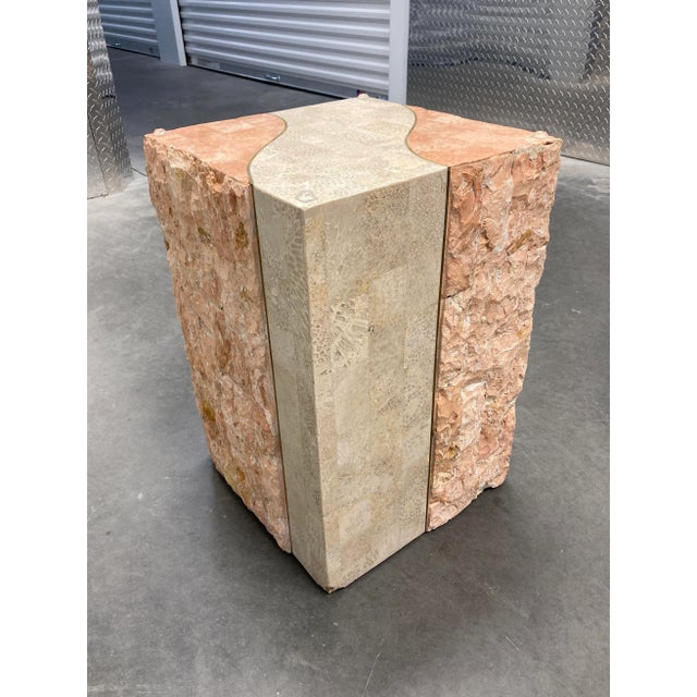 Wood Mid-Century Modern Maitland-Smith Style Tessellated Stone Pedestal Base Glass Top Side Table Manner of Casa Bique For Sale - Image 7 of 13