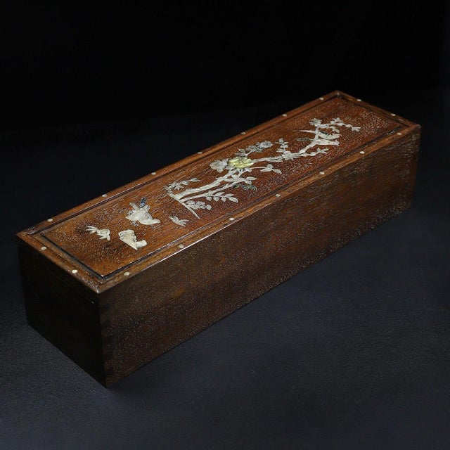 Traditional Late 20th Century Wooden Sliding Lid Box With Mother-of-Pearl Bird and Floral Inlay For Sale - Image 3 of 10