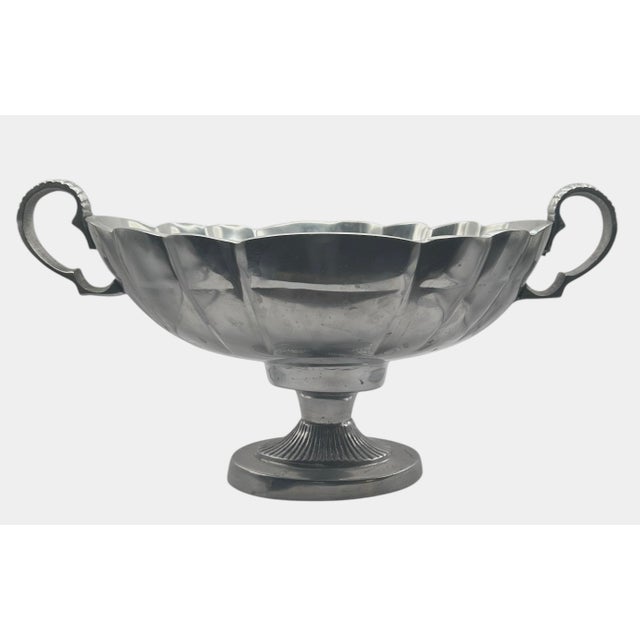 Mid-Century Modern Vintage Pewter Pedestal Centerpiece Bowl With Scalloped Rim and Scrolled Handles For Sale - Image 3 of 10