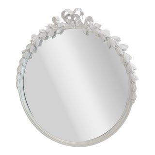 White Painted Carved Wood Floral Mirror With Bow For Sale