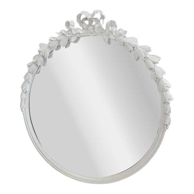 White Painted Carved Wood Floral Mirror With Bow For Sale