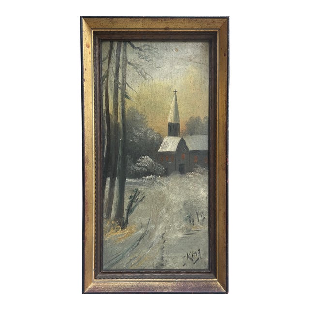 Winter Church Scene by L. King, Mid-20th Century For Sale