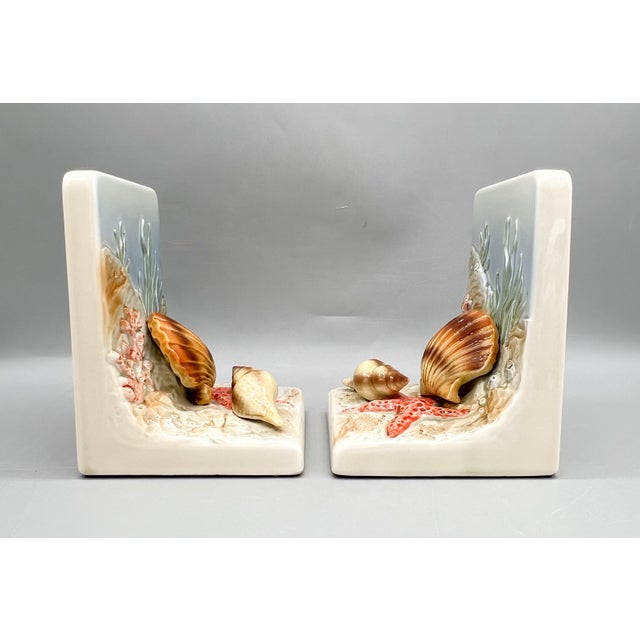 Late 20th Century Vintage Otagiri Japan Ceramic Seashell & Starfish Bookends — Coastal / Nautical For Sale - Image 5 of 11