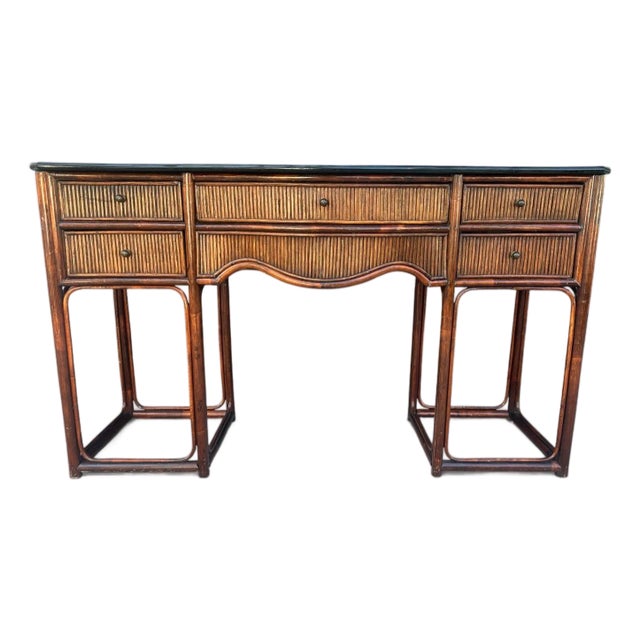 Vintage Chinoiserie Bamboo & Rattan Console Desk With Hand-Painted Lacquer Top For Sale