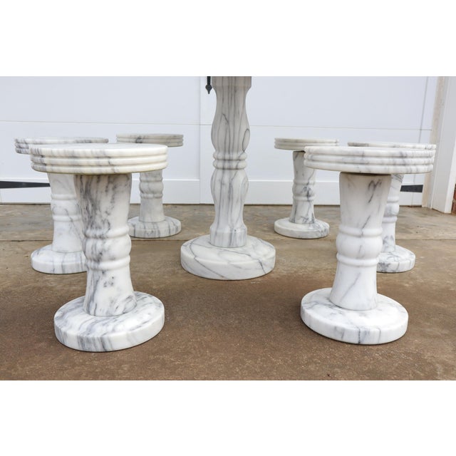 Stone Vintage Italian Solid Carrara Marble Pedestal Dining Table With 6 Stools Garden Bistro 50's 60's Hollywood Regency Neoclassical For Sale - Image 7 of 11