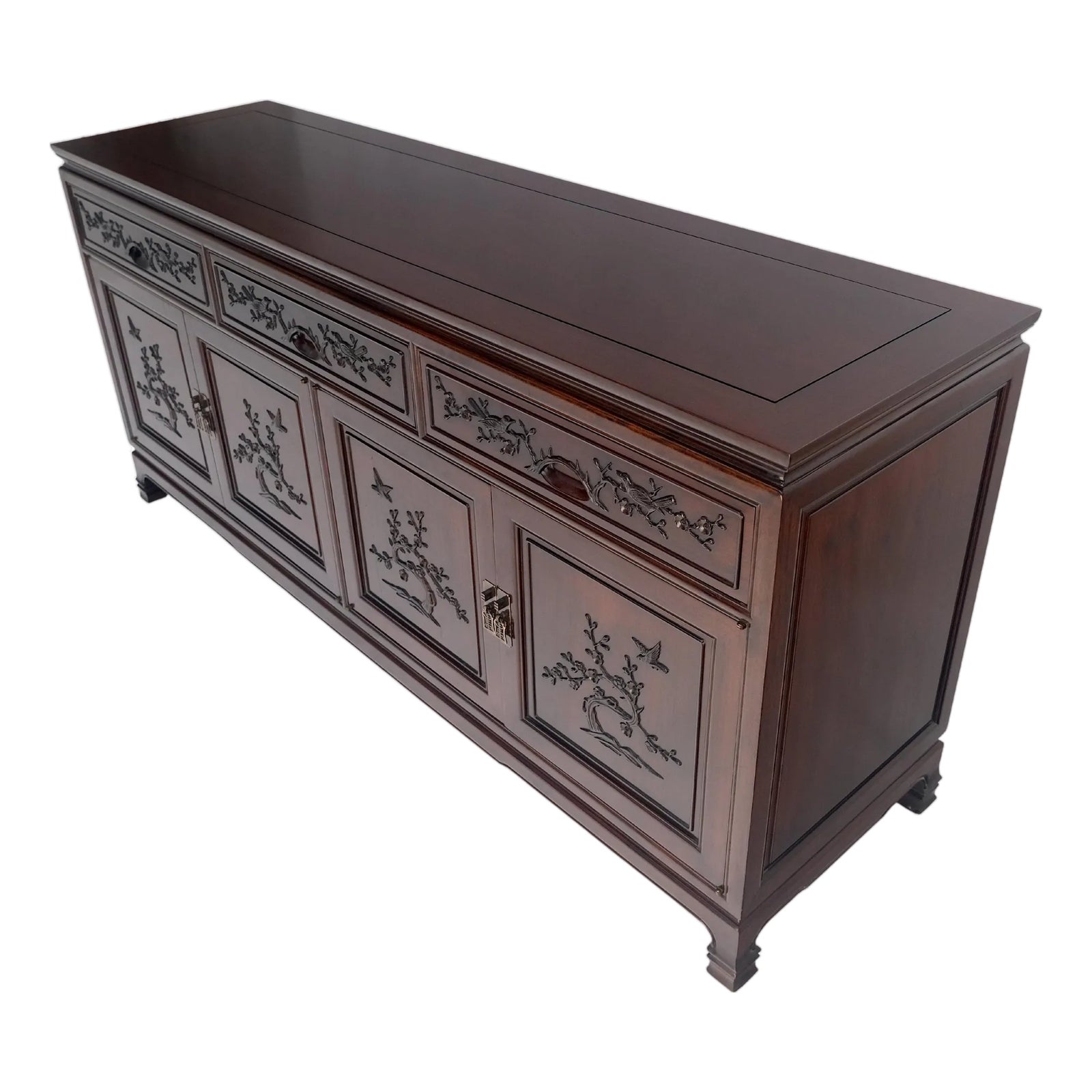 Asian Mid Century Modern Carved 4 Doors 3 Drawers Credenza Dark Solid ...