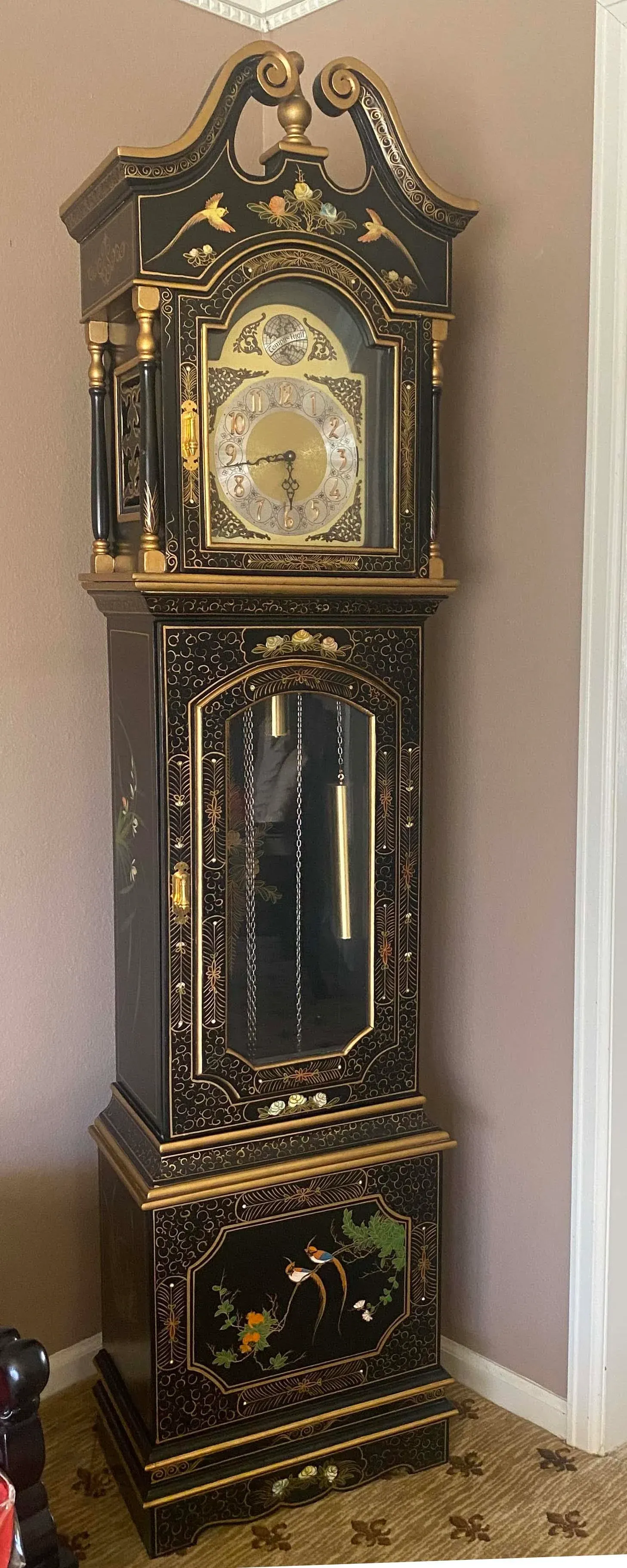 音楽家　彫刻　アンティーク　クラシック Vintage Black Lacquer Chinoiserie Grandfather Clock | Chairish