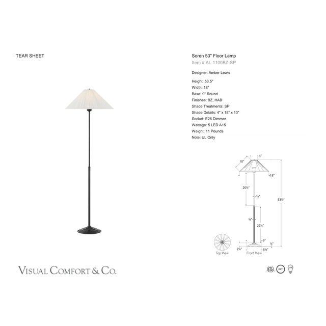 Amber Lewis by Visual Comfort Signature Soren 53" Floor Lamp in Bronze with Silk Pleated Shade Designer: Amber Lewis...