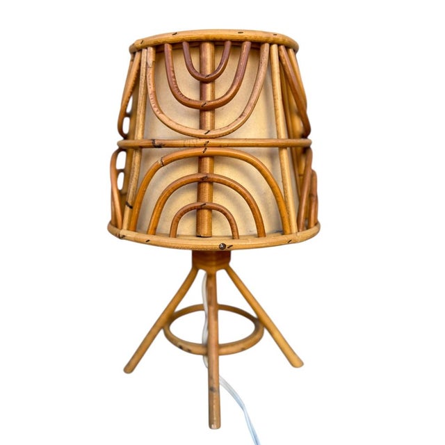 Wood Mid-Century French Rattan and Wicker Table Lamps attributed to Louis Sognot, 1960s, Set of 3 For Sale - Image 7 of 13